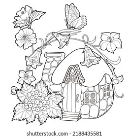 Art therapy coloring page for adults and children.The print is a whimsical design featuring a hand-drawn house among flowers. Ideal for those who want to feel more connected to nature.