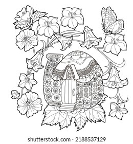 Art therapy coloring page for adults and children.The print is a whimsical design featuring a hand-drawn house among flowers. Ideal for those who want to feel more connected to nature.