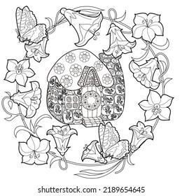 Art therapy coloring page for adults and children.The print is a whimsical design featuring a hand-drawn house among flowers. Ideal for those who want to feel more connected to nature.