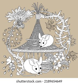 Art therapy coloring page for adults and children. Colouring pictures with mouse and cute house. Linear engraved art. Antistress freehand sketch drawing with doodle and zentangle elements.
