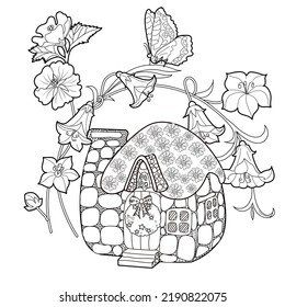 Art therapy coloring page for adults and children.The print is a whimsical design featuring a hand-drawn house among flowers. Ideal for those who want to feel more connected to nature.
