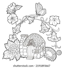 Art therapy coloring page for adults and children.The print is a whimsical design featuring a hand-drawn house among flowers. Ideal for those who want to feel more connected to nature.