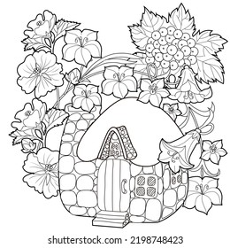 Art therapy coloring page for adults and children.The print is a whimsical design featuring a hand-drawn house among flowers. Ideal for those who want to feel more connected to nature.

