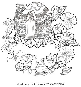 Art therapy coloring page for adults and children.The print is a whimsical design featuring a hand-drawn house among flowers. Ideal for those who want to feel more connected to nature.
