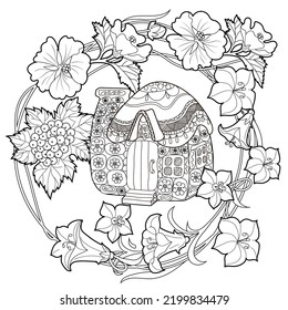 Art therapy coloring page for adults and children.The print is a whimsical design featuring a hand-drawn house among flowers. Ideal for those who want to feel more connected to nature.

