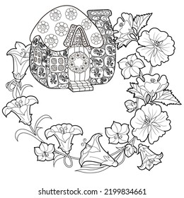 Art therapy coloring page for adults and children.The print is a whimsical design featuring a hand-drawn house among flowers. Ideal for those who want to feel more connected to nature.
