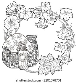 Art therapy coloring page for adults and children.The print is a whimsical design featuring a hand-drawn house among flowers. Ideal for those who want to feel more connected to nature.
