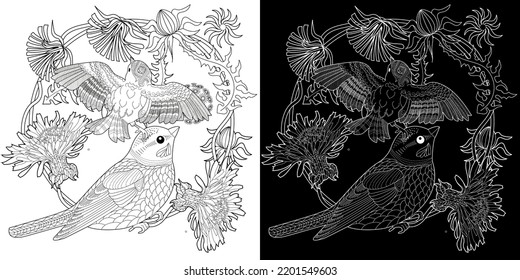 Art therapy coloring page for adults and children. Colouring pictures with mouse and cute house. Linear engraved art. Antistress freehand sketch drawing with doodle and zentangle elements.
