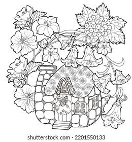 Art therapy coloring page for adults and children.The print is a whimsical design featuring a hand-drawn house among flowers. Ideal for those who want to feel more connected to nature.
