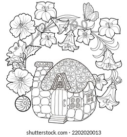 Art therapy coloring page for adults and children.The print is a whimsical design featuring a hand-drawn house among flowers. Ideal for those who want to feel more connected to nature.
