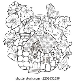 Art therapy coloring page for adults and children.The print is a whimsical design featuring a hand-drawn house among flowers. Ideal for those who want to feel more connected to nature.

