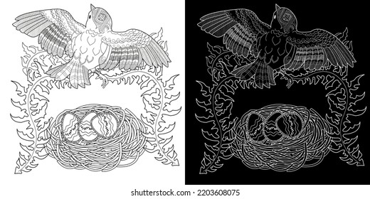 Art therapy coloring page for adults and children. Colouring pictures with mouse and cute house. Linear engraved art. Antistress freehand sketch drawing with doodle and zentangle elements.
