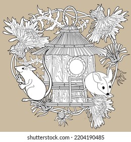 Art therapy coloring page for adults and children. Colouring pictures with mouse and cute house. Linear engraved art. Antistress freehand sketch drawing with doodle and zentangle elements.
