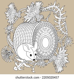 Art therapy coloring page for adults and children. Colouring pictures with mouse and cute house. Linear engraved art. Antistress freehand sketch drawing with doodle and zentangle elements.
