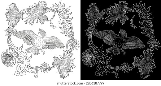 Art therapy coloring page for adults and children. Colouring pictures with mouse and cute house. Linear engraved art. Antistress freehand sketch drawing with doodle and zentangle elements.
