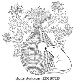 Art therapy coloring page for adults and children. Colouring pictures with mouse and cute house. Linear engraved art. Antistress freehand sketch drawing with doodle and zentangle elements.

