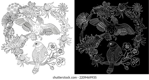 Art therapy coloring page for adults and children. Colouring pictures with mouse and cute house. Linear engraved art. Antistress freehand sketch drawing with doodle and zentangle elements.

