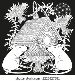 Art therapy coloring page for adults and children. Colouring pictures with mouse and cute house. Linear engraved art. Antistress freehand sketch drawing with doodle and zentangle elements.