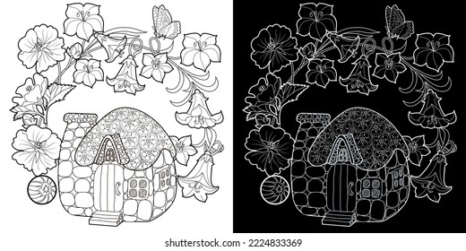 Art therapy coloring page for adults and children.The print is a whimsical design featuring a hand-drawn house among flowers. Ideal for those who want to feel more connected to nature.