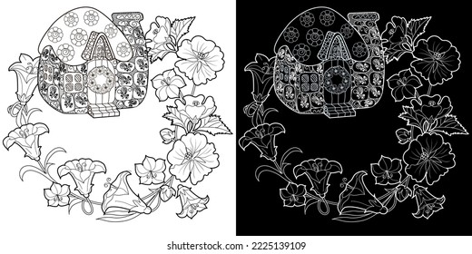 Art therapy coloring page for adults and children.The print is a whimsical design featuring a hand-drawn house among flowers. Ideal for those who want to feel more connected to nature.