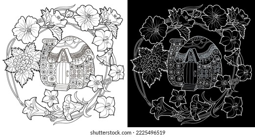 Art therapy coloring page for adults and children.The print is a whimsical design featuring a hand-drawn house among flowers. Ideal for those who want to feel more connected to nature.