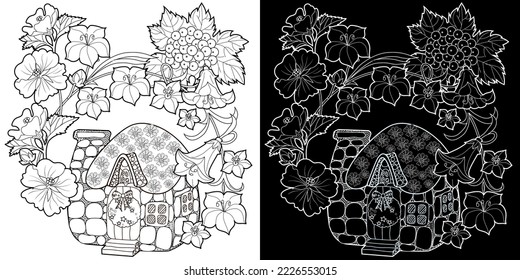 Art therapy coloring page for adults and children.The print is a whimsical design featuring a hand-drawn house among flowers. Ideal for those who want to feel more connected to nature.