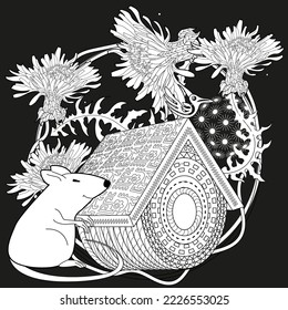 Art therapy coloring page for adults and children. Colouring pictures with mouse and cute house. Linear engraved art. Antistress freehand sketch drawing with doodle and zentangle elements.