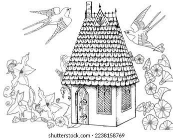 Art therapy coloring page for adults and children.The print is a whimsical design featuring a hand-drawn house and swallows among flowers. Ideal for those who want to feel more connected to nature.