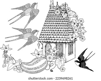 Art therapy coloring page for adults and children.The print is a whimsical design featuring a hand-drawn house and swallows among flowers. Ideal for those who want to feel more connected to nature.
