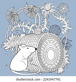Art therapy coloring page for adults and children. Colouring pictures with mouse and cute house. Linear engraved art. Antistress freehand sketch drawing with doodle and zentangle elements.
