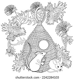 Art therapy coloring page for adults and children. Colouring pictures with mouse and cute house. Linear engraved art. Antistress freehand sketch drawing with doodle and zentangle elements.
