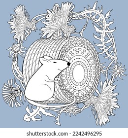 Art therapy coloring page for adults and children. Colouring pictures with mouse and cute house. Linear engraved art. Antistress freehand sketch drawing with doodle and zentangle elements.
