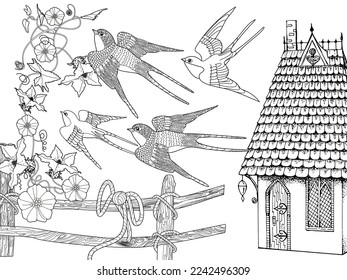 Art therapy coloring page for adults and children.The print is a whimsical design featuring a hand-drawn house and swallows among flowers. Ideal for those who want to feel more connected to nature.

