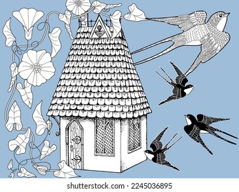 Art therapy coloring page for adults and children.The print is a whimsical design featuring a hand-drawn house and swallows among flowers. Ideal for those who want to feel more connected to nature.
