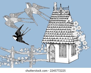 Art therapy coloring page for adults and children.The print is a whimsical design featuring a hand-drawn house and swallows among flowers. Ideal for those who want to feel more connected to nature.
