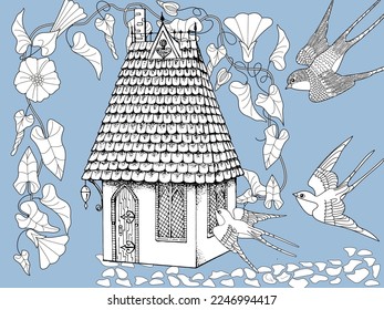 Art therapy coloring page for adults and children.The print is a whimsical design featuring a hand-drawn house and swallows among flowers. Ideal for those who want to feel more connected to nature.
