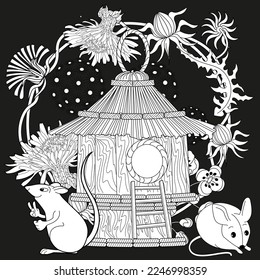 Art therapy coloring page for adults and children. Colouring pictures with mouse and cute house. Linear engraved art. Antistress freehand sketch drawing with doodle and zentangle elements.
