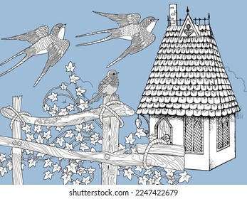 Art therapy coloring page for adults and children.The print is a whimsical design featuring a hand-drawn house and swallows among flowers. Ideal for those who want to feel more connected to nature.
