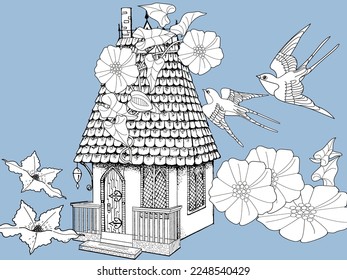 Art therapy coloring page for adults and children.The print is a whimsical design featuring a hand-drawn house and swallows among flowers. Ideal for those who want to feel more connected to nature.
