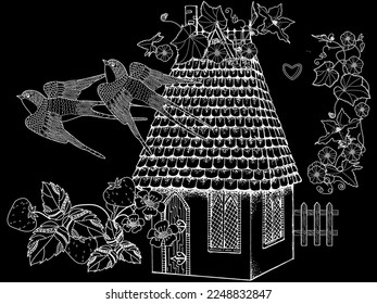 Art therapy coloring page for adults and children.The print is a whimsical design featuring a hand-drawn house and swallows among flowers. Ideal for those who want to feel more connected to nature.
