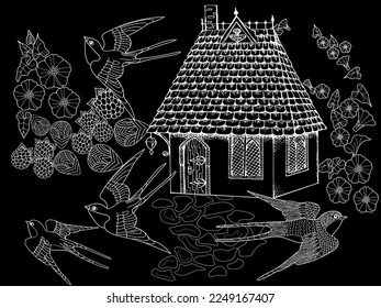 Art therapy coloring page for adults and children.The print is a whimsical design featuring a hand-drawn house and swallows among flowers. Ideal for those who want to feel more connected to nature.
