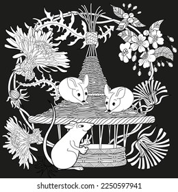 Art therapy coloring page for adults and children. Colouring pictures with mouse and cute house. Linear engraved art. Antistress freehand sketch drawing with doodle and zentangle elements.
