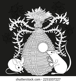 Art therapy coloring page for adults and children. Colouring pictures with mouse and cute house. Linear engraved art. Antistress freehand sketch drawing with doodle and zentangle elements.
