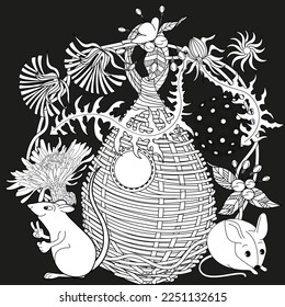 Art therapy coloring page for adults and children. Colouring pictures with mouse and cute house. Linear engraved art. Antistress freehand sketch drawing with doodle and zentangle elements.
