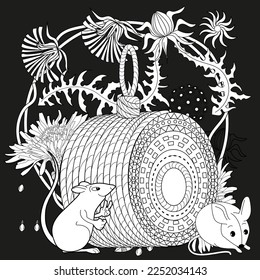 Art therapy coloring page for adults and children. Colouring pictures with mouse and cute house. Linear engraved art. Antistress freehand sketch drawing with doodle and zentangle elements.
