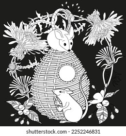 Art therapy coloring page for adults and children. Colouring pictures with mouse and cute house. Linear engraved art. Antistress freehand sketch drawing with doodle and zentangle elements.
