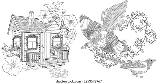 Art therapy coloring page for adults and children.The print is a whimsical design featuring a hand-drawn house and swallows among flowers. Ideal for those who want to feel more connected to nature.
