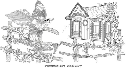 Art therapy coloring page for adults and children.The print is a whimsical design featuring a hand-drawn house and swallows among flowers. Ideal for those who want to feel more connected to nature.
