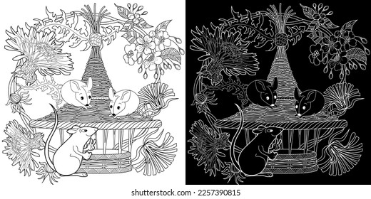 Art therapy coloring page for adults and children. Colouring pictures with mouse and cute house. Linear engraved art. Antistress freehand sketch drawing with doodle and zentangle elements.
