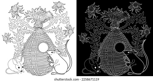 Art therapy coloring page for adults and children. Colouring pictures with mouse and cute house. Linear engraved art. Antistress freehand sketch drawing with doodle and zentangle elements.
